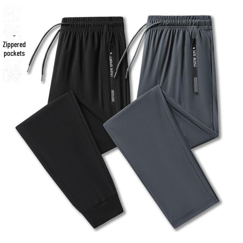 Pantaloni della tuta casual estivi da uomo in seta ghiacciata, sottili e traspiranti, con gamba dritta, tasche con cerniera e polsini.