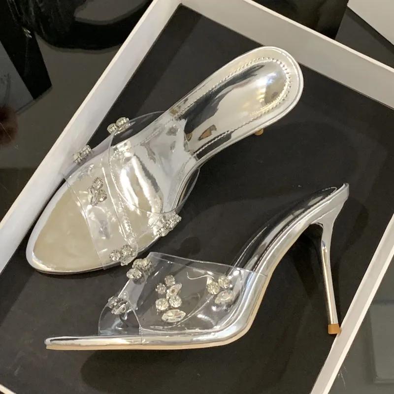 

Fashion Luxury Crystal Decoration Design Brand High Heel Slippers Women Fashion Transparent PVC Slide Sandals Elegant Banquet Dress Shoe 41 серебряный