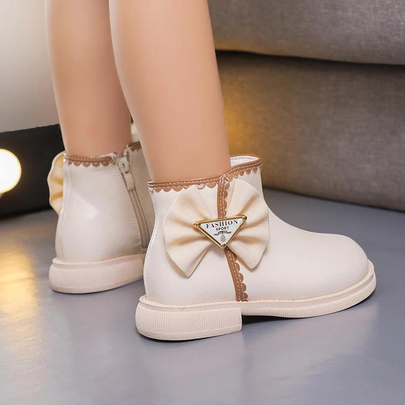 Kids Casual Boots for Girls Bow Lace Solid Color Sewing Cute 2024 Spring Autumn New Children Fashion Short Boots Princess Shoes