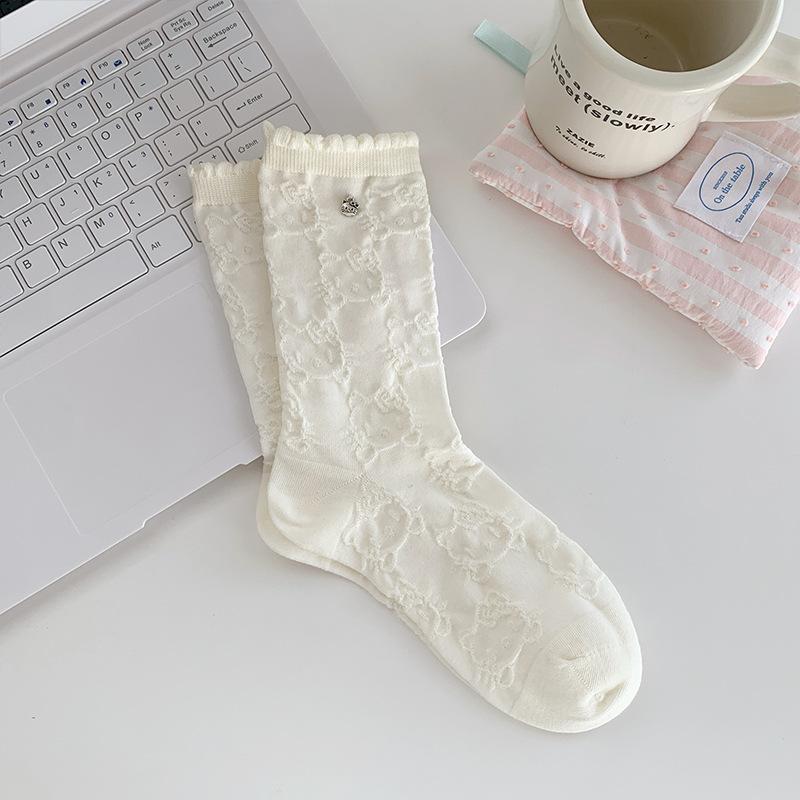 Female Spring and Autumn Cartoon Cute Pendant Relief Dark Flower Lace Tube Pile of Cotton Socks