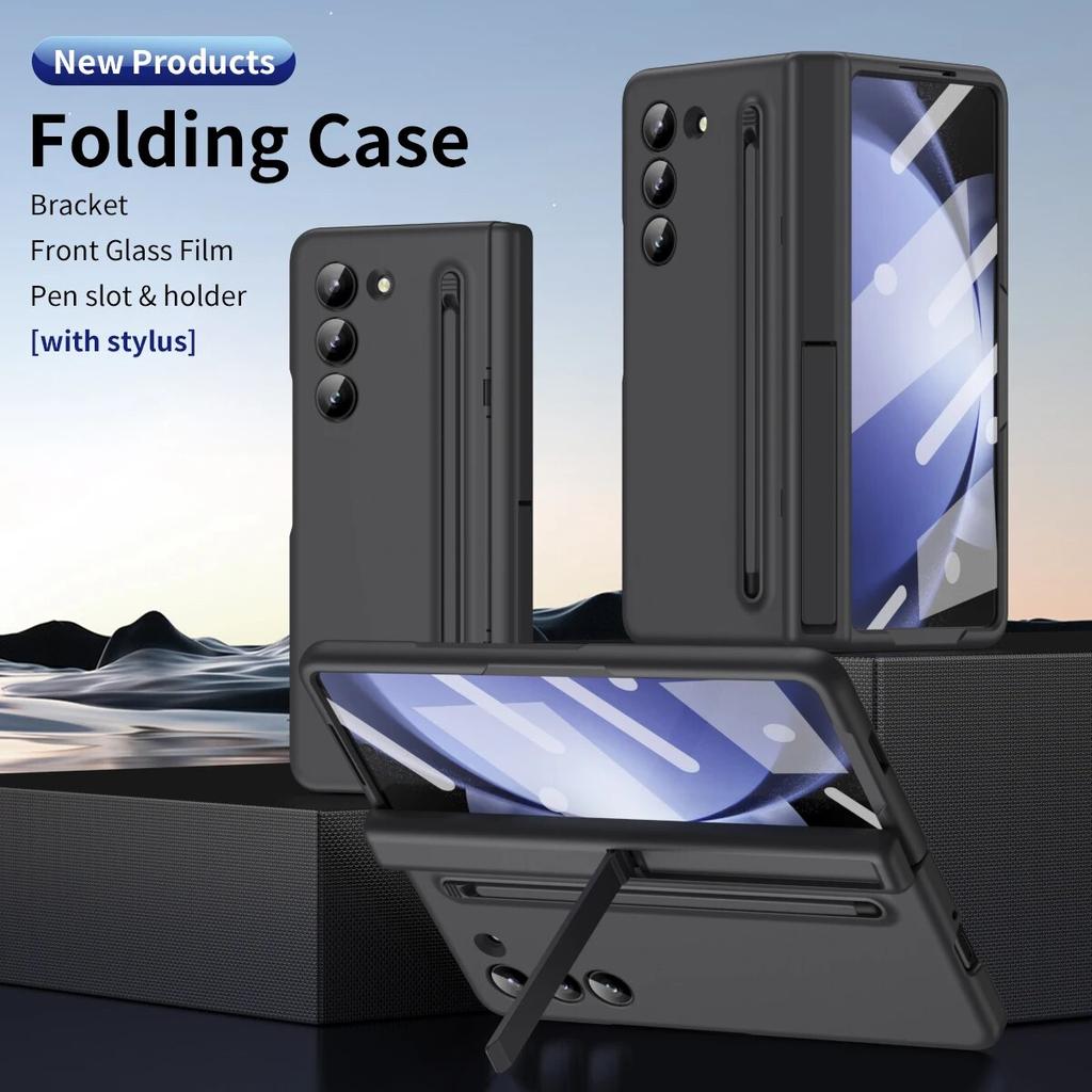 Luxury Cover Pen Holder Slot Case for Samsung Galaxy Z Fold 3 4 5 Fold5 with Pen Bracket Front Glass Film Protection ZFold4