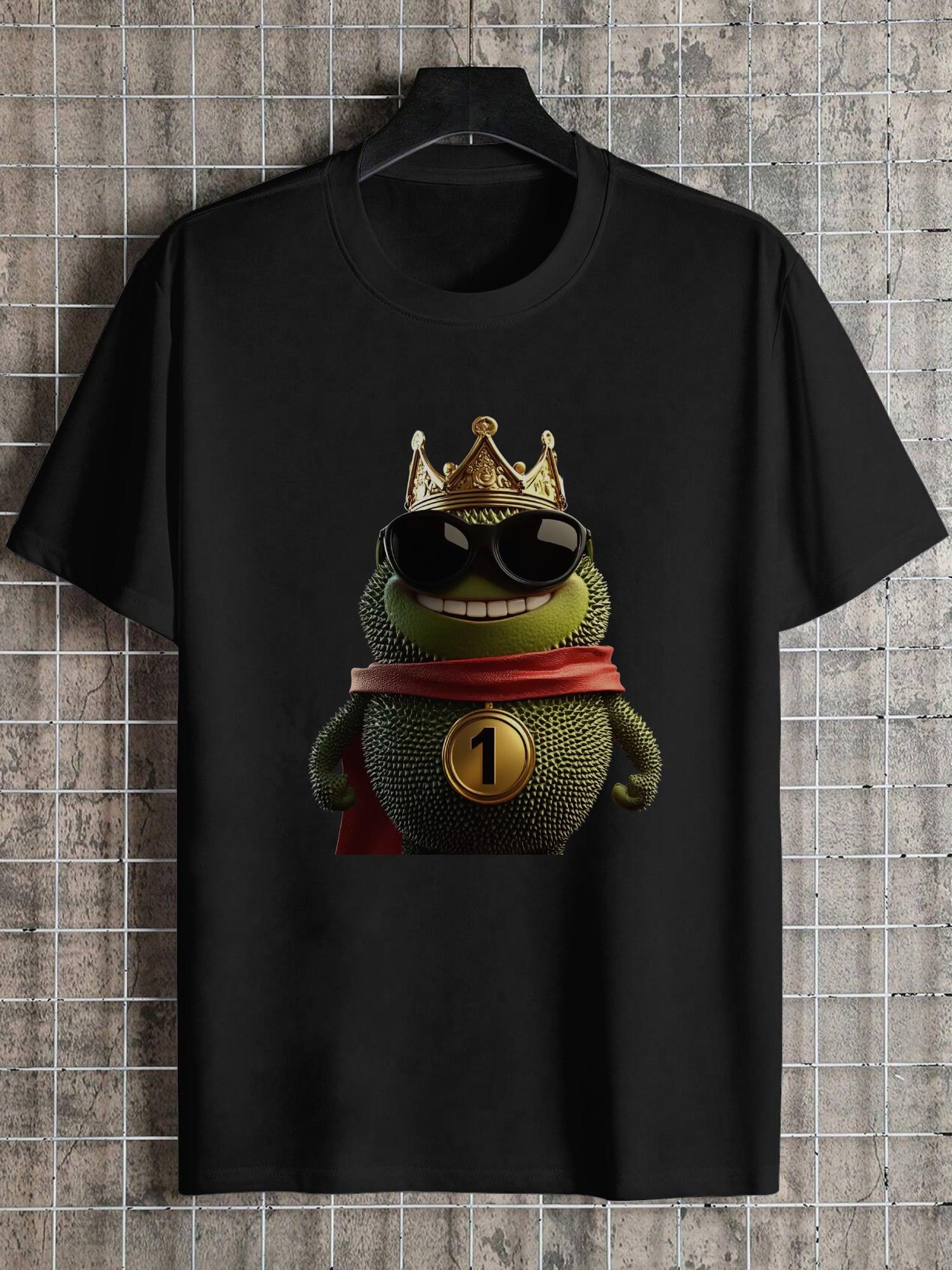 

1pc Durian King Character Graphic T-shirt - 180g Cotton Crew Neck Short Sleeve Tee with Playful Cartoon Durian Royalty Design XXXXL