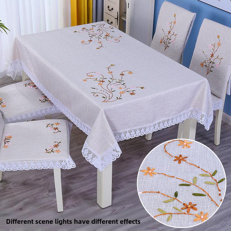 Handgestickte moderne rechteckige Tischdecke aus Baumwollleinen in frischem Weiß