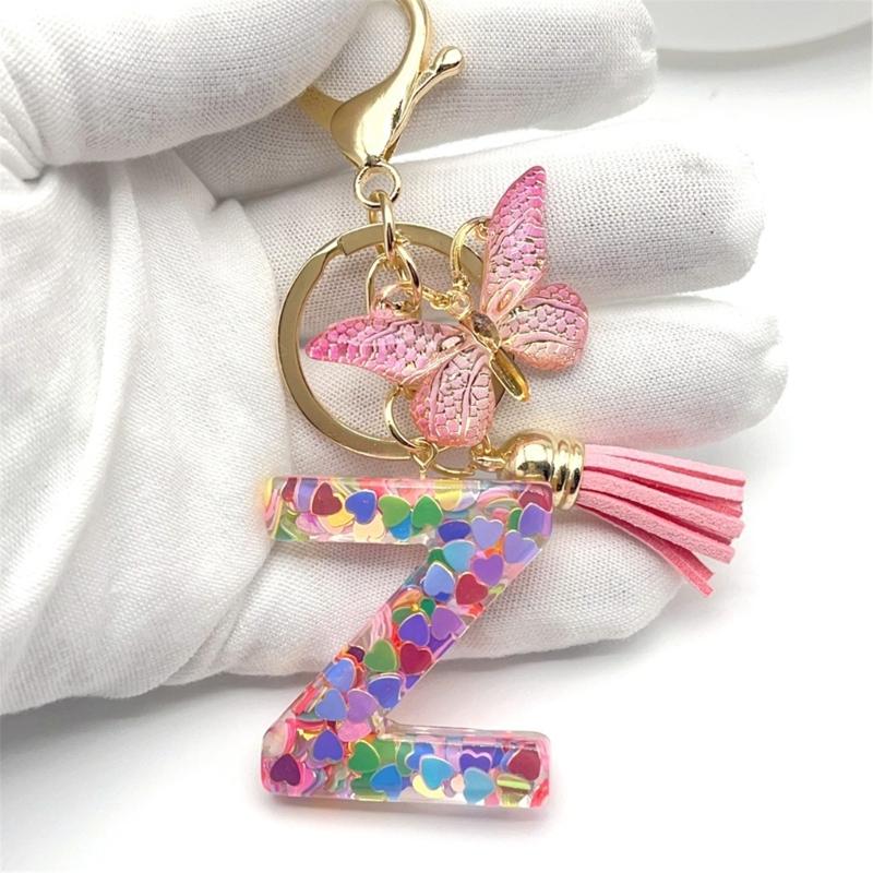 Quasten Schmetterling Anhänger Charm Schlüsselanhänger Bunte Herz Pailletten Initialbuchstabe Schlüsselanhänger für Rucksack Handtasche Autoschlüssel