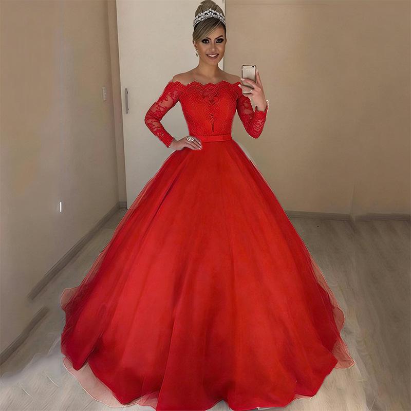 Elegant One-Shoulder V-Neck Slim European & American Wedding Dress with Fluffy Lace Train