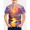 Round Neck 3D Dinosaur Printed Top Casual Short Sleeved Children's Boy T-shirts - Soft Medium Stretch Polyester Fabric Summer Relaxed Fit Clothing