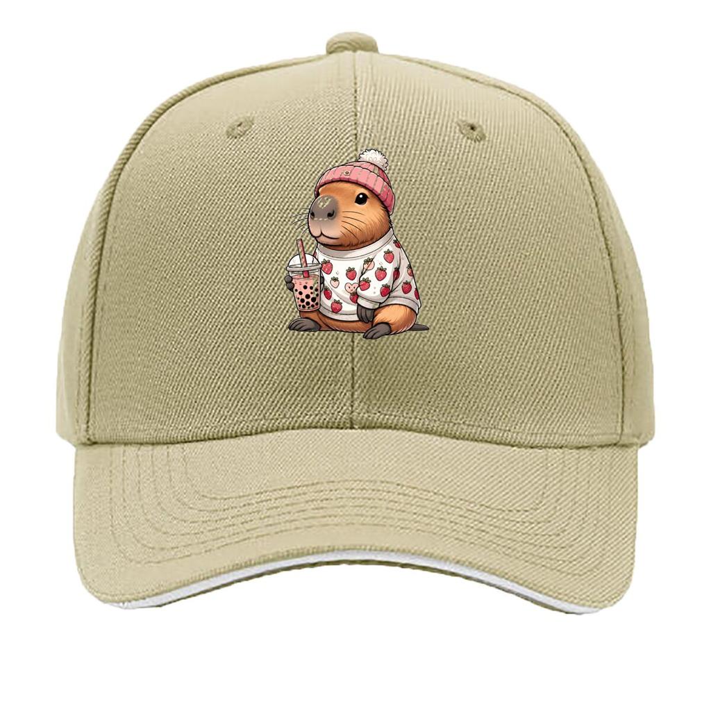 Cute Capybara Strawberry Sweater Holding Bubble Tea Sandwich Baseball Cap Unisex Women Sun Cap Outdoor Workouts Hat