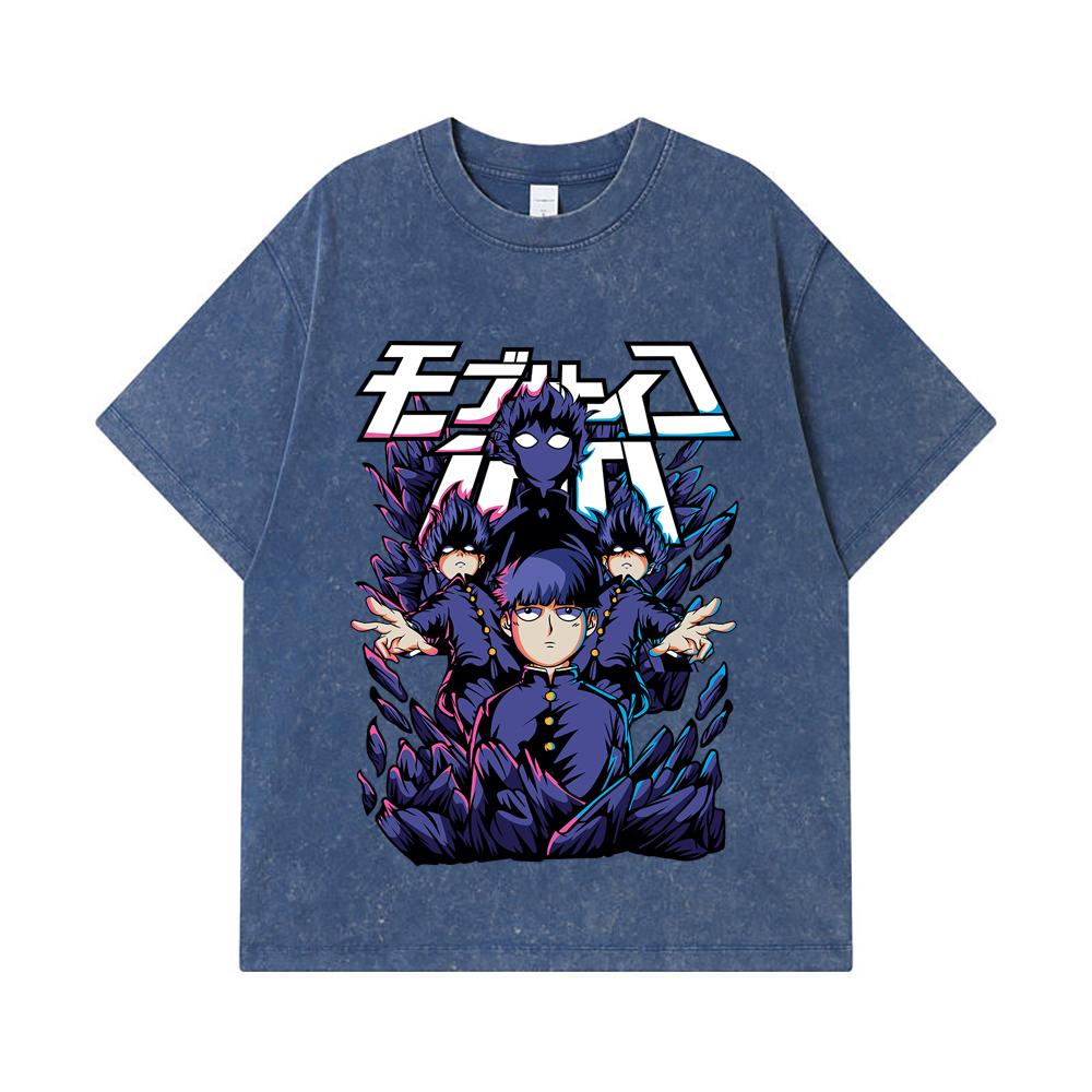 275 GSM Washed T-shirts 100% Cotton Mob Psycho 100 V1 Shiego Print Unisex Heavy Cotton T Shirt