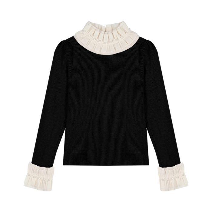 

Женский свитер приталенного силуэта с французским бисером и воротником-стойкой - Вязаный топ с длинным рукавом в нежном стиле для осени/зимы One Size чёрный