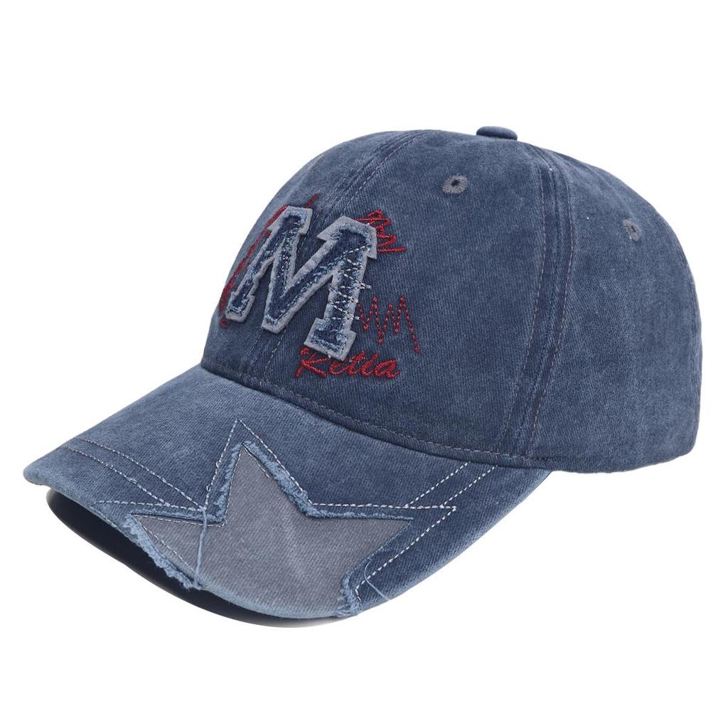 Women’s Retro Distressed Star Baseball Cap - Washed Denim Duckbill Hat with M Logo, Sun Protection, Face Slimming