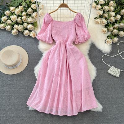 Fashion Dress for Women Square Collar Puff Sleeve A-line Floral Texture Vestido Womens Solid Color Folds Dresses Summer Dropship