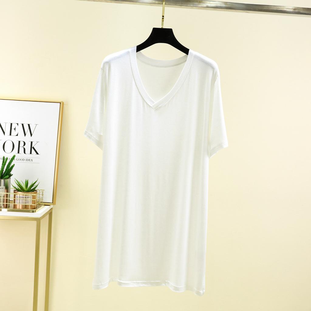 Damen V-Ausschnitt Kurzarm T-Shirt Lockerer Schnitt Lässiges Modal Strickoberteil Einfarbig Sommer Mittellanges Layering-Shirt