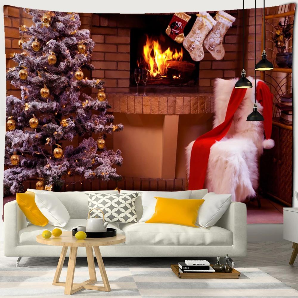 Neon Fireplace Tapestry Wall Hanging Christmas Tree Gift Socks New Year Atmosphere Background Cloth Witchcraft Home Decor