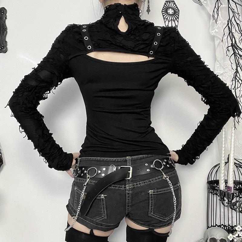 AltGoth Streetwear Gothic T-shirt Women Y2k E-girl Cyber Punk Hole Sleeve Patchwork Hollow Out Long Sleeve Crop Tee Tops Femme