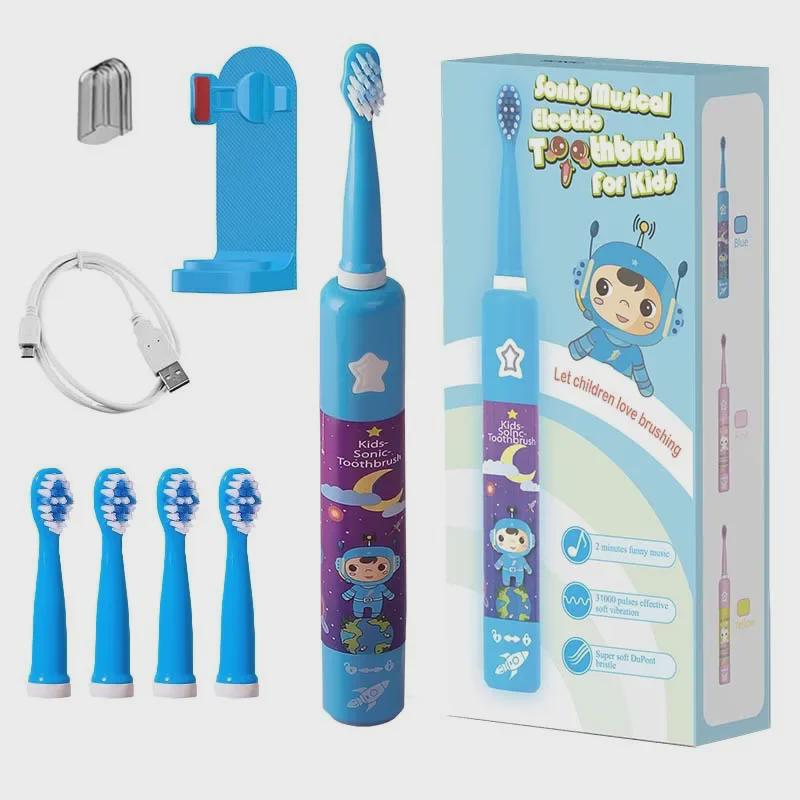 Kids' Sonic Electric Toothbrush Set, Ages 3-9, 3-Speed, USB Rechargeable, with Timer and Music.