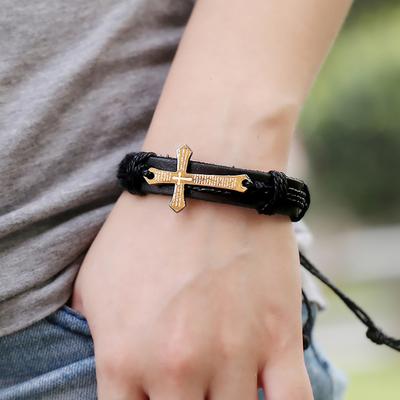 Retro Punk Kunstleder Seil Legierung Kreuz Bibelverse Herren Verstellbares Armband
