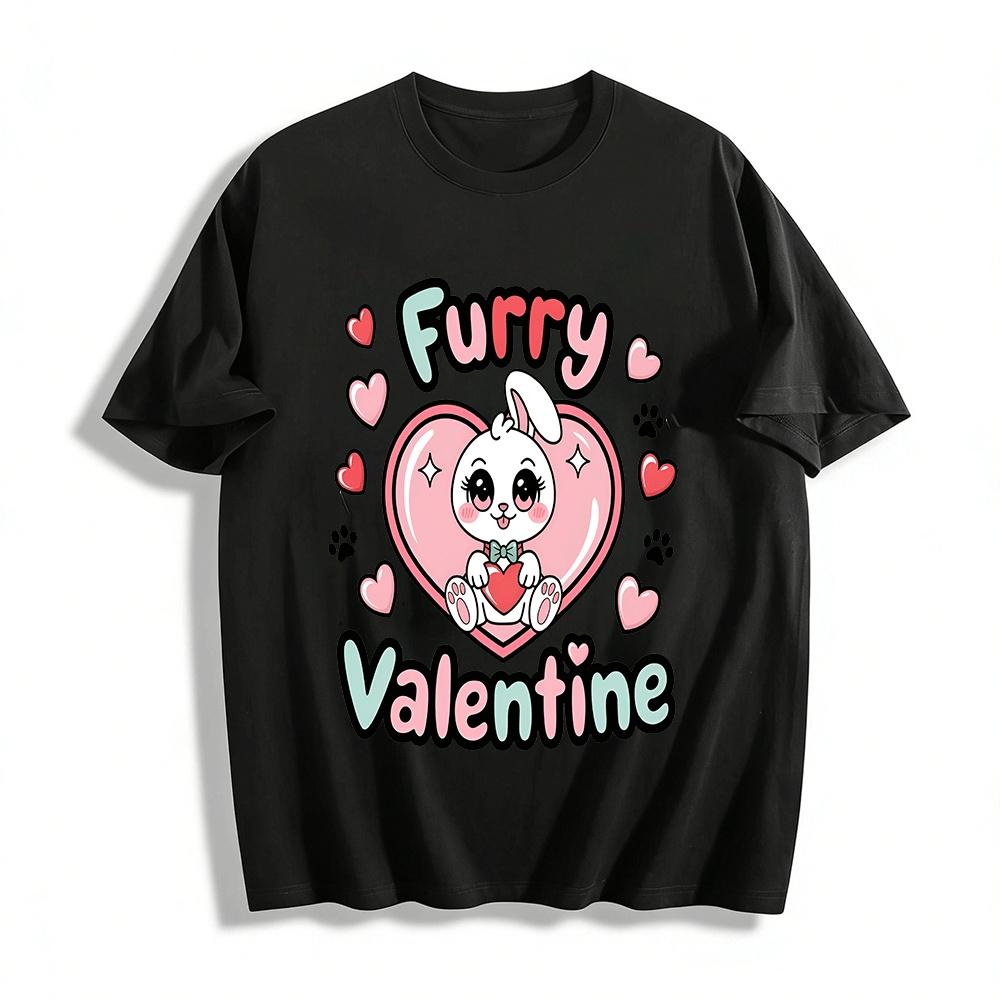 

Cute Rabbit Heart Print Valentine s Day Furry Style Tops Pure cotton T-shirt 6XL