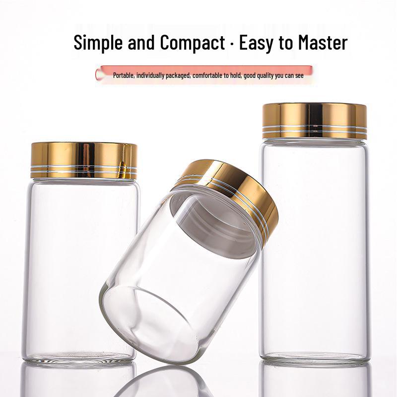 65mm Thickened High-Transparency Glass Bottle with Gold Oxidized Aluminum Screw Cap for Cereal and Grain Packaging.