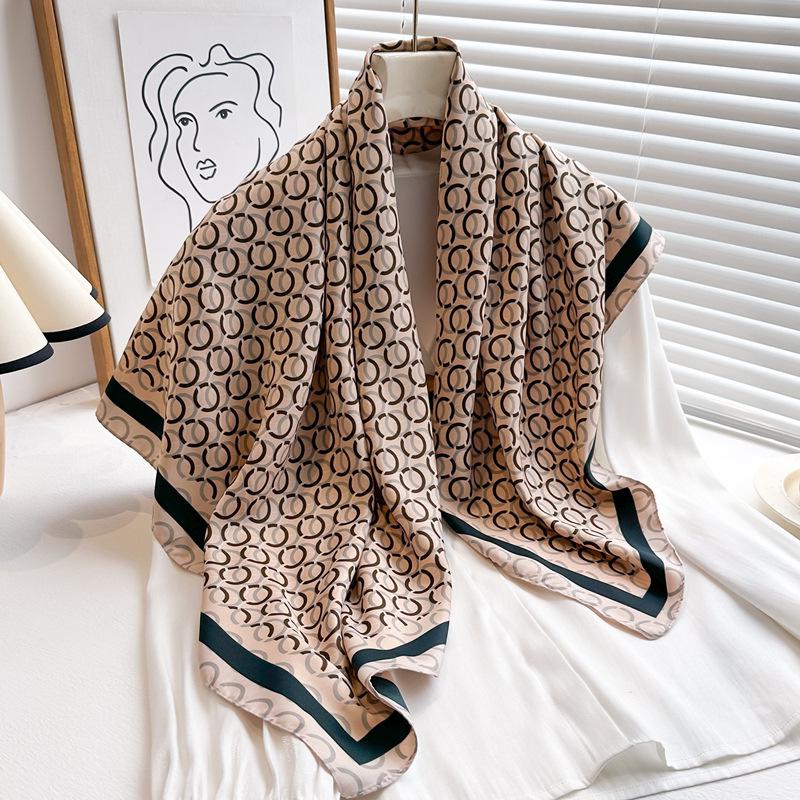 Striped Twill Silk Scarf: Large Square Shawl & Sunscreen Travel Headscarf - 90cm, Perfect for Spring & Autumn