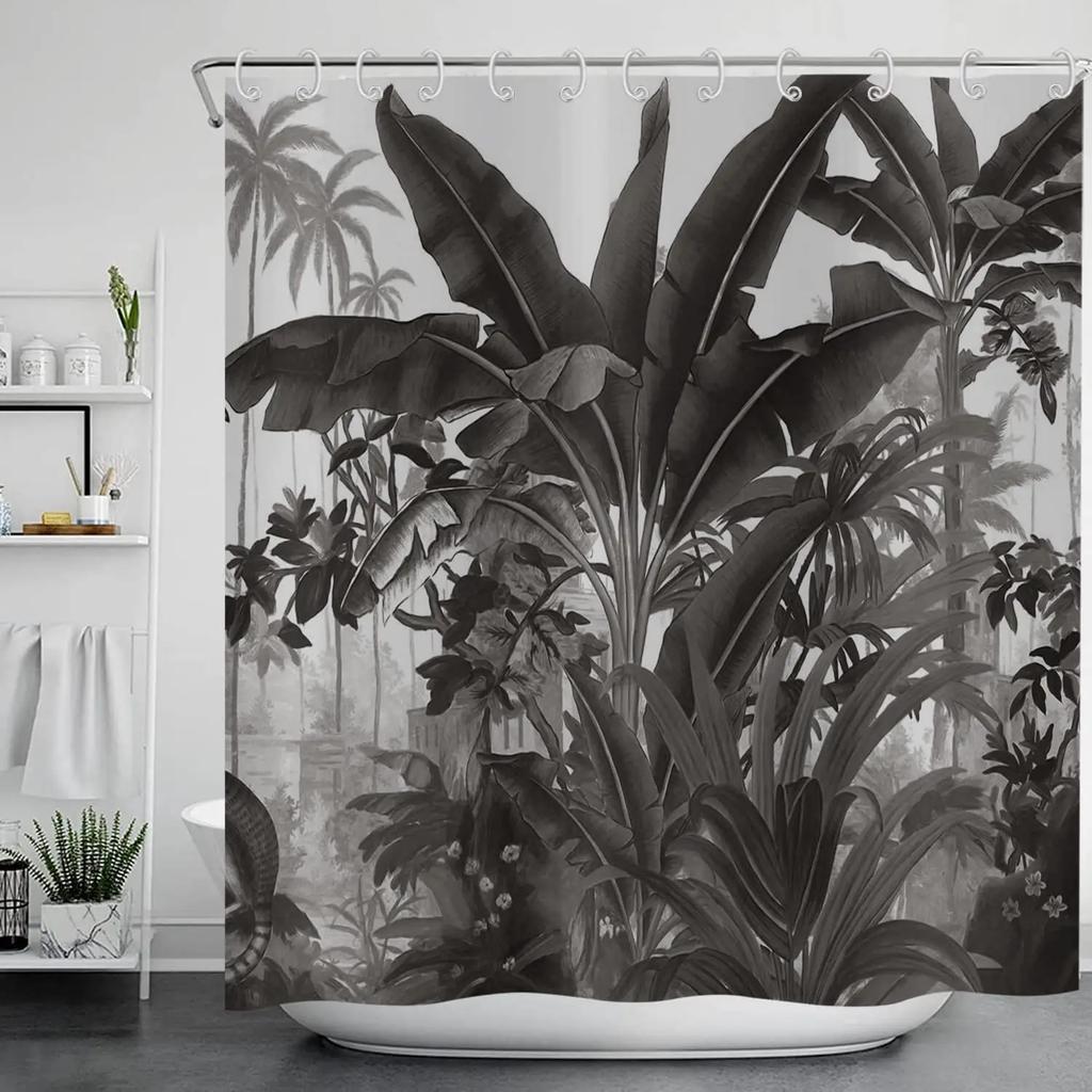 Black tropical plant leaf shower curtain, washable waterproof shower curtain textile with