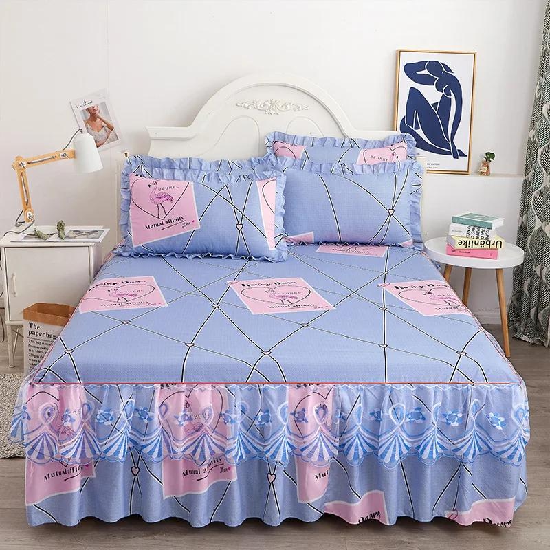 1PC Printed Bedding Set Lace Trim  Heightening Bed Skirt Pillowcase Set Anti-slip Mattress Cover Soft Comfortable Cotton Double