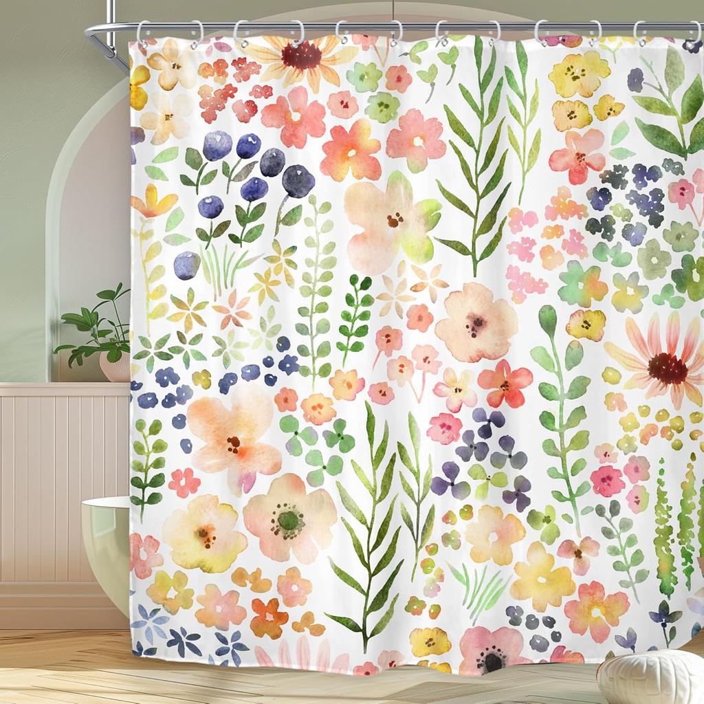 Spring Boho Style Kids Girls Teen Wildflowers Pink Watercolor Fabric Bathroom Curtains, Trendy Botanical Bathroom Decor Set