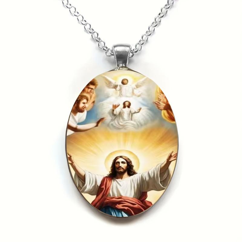 Holy Jesus With Outstretched Arms, A Protective Amulet Necklace Pendant, Made Of Time-Jeweled Glass.
