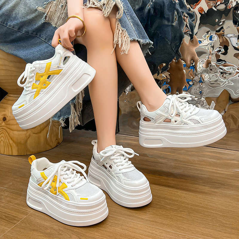 Little White Shoes Women's 2025 Summer New Thick-soled Hollow Shoes Small Man Height Increase Mesh Breathable Casual Versatile Board Shoes