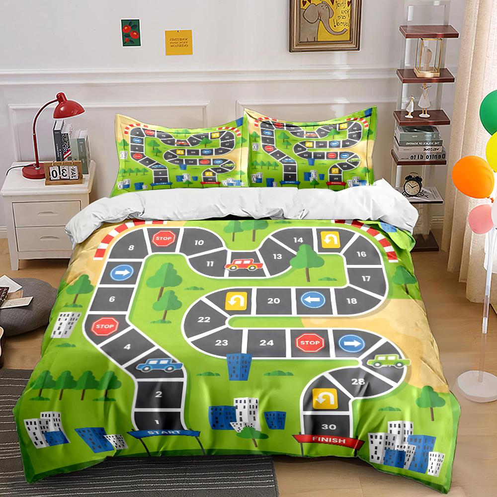 Cartoon Track map with vehicles Bedding Set for Kids Luxury Gift 3pcs Digital Print Comforter Set Soft Comfortable Breathable