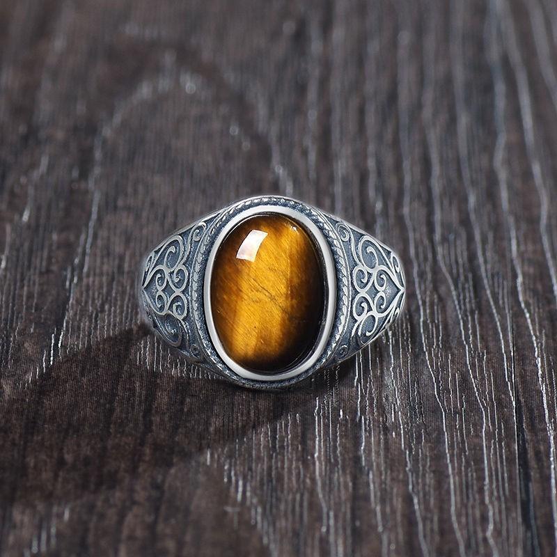 S925 Silver Tiger Eye Stone Live Mouth Men's Ring Vintage Style Natural Gift Opening Ring Gold Sense 2026