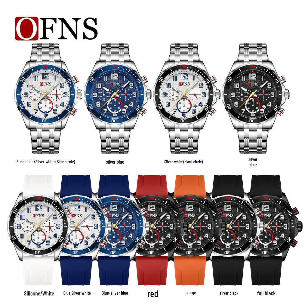 Oufanni Men's Quartz Watch with Silicone & Steel Straps, Waterproof, Calendar, and Small Seconds Hand