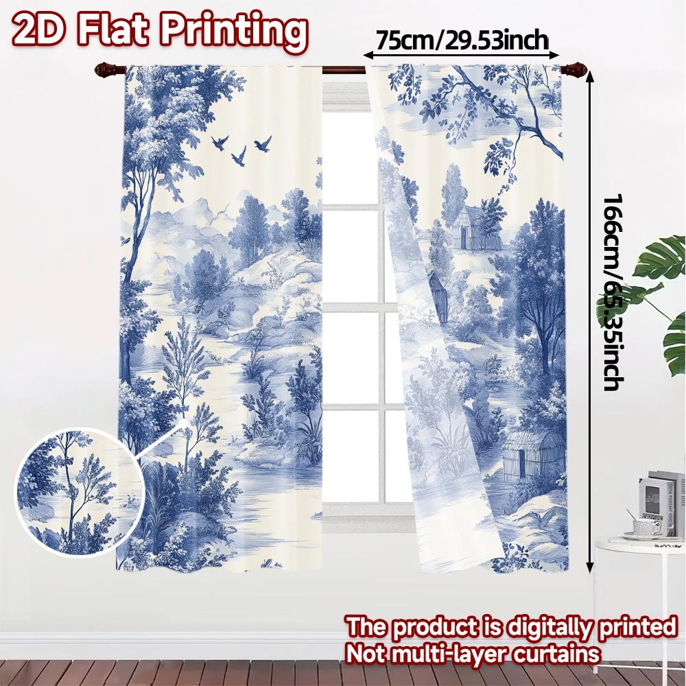Set Of 2 Modern Curtains Blue Landscape Scene Fashionable Semi Decorations Home Decorative Curtain Light Filtering Made Polyester