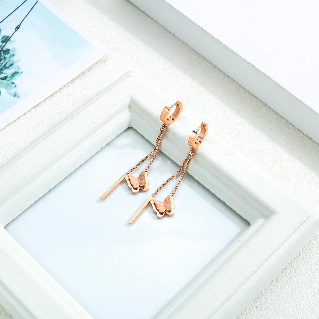 New Korean Tassel Butterfly Titanium Steel Stud Earrings for Women