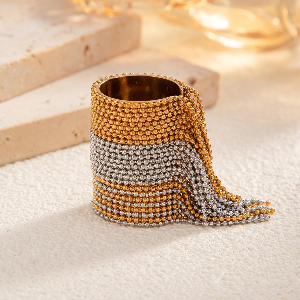 Kunjoe Fashion Stainless Steel Long Tassel Chain Open Rings For Women Charm Hip Hop Geometric 18K Gold Plated Wide Ring Jewelry