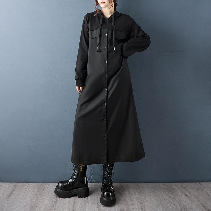 Long Sleeve Plus Size Black Vintage Hooded New In Dresses for Women Spring Autumn Casual Loose Dress