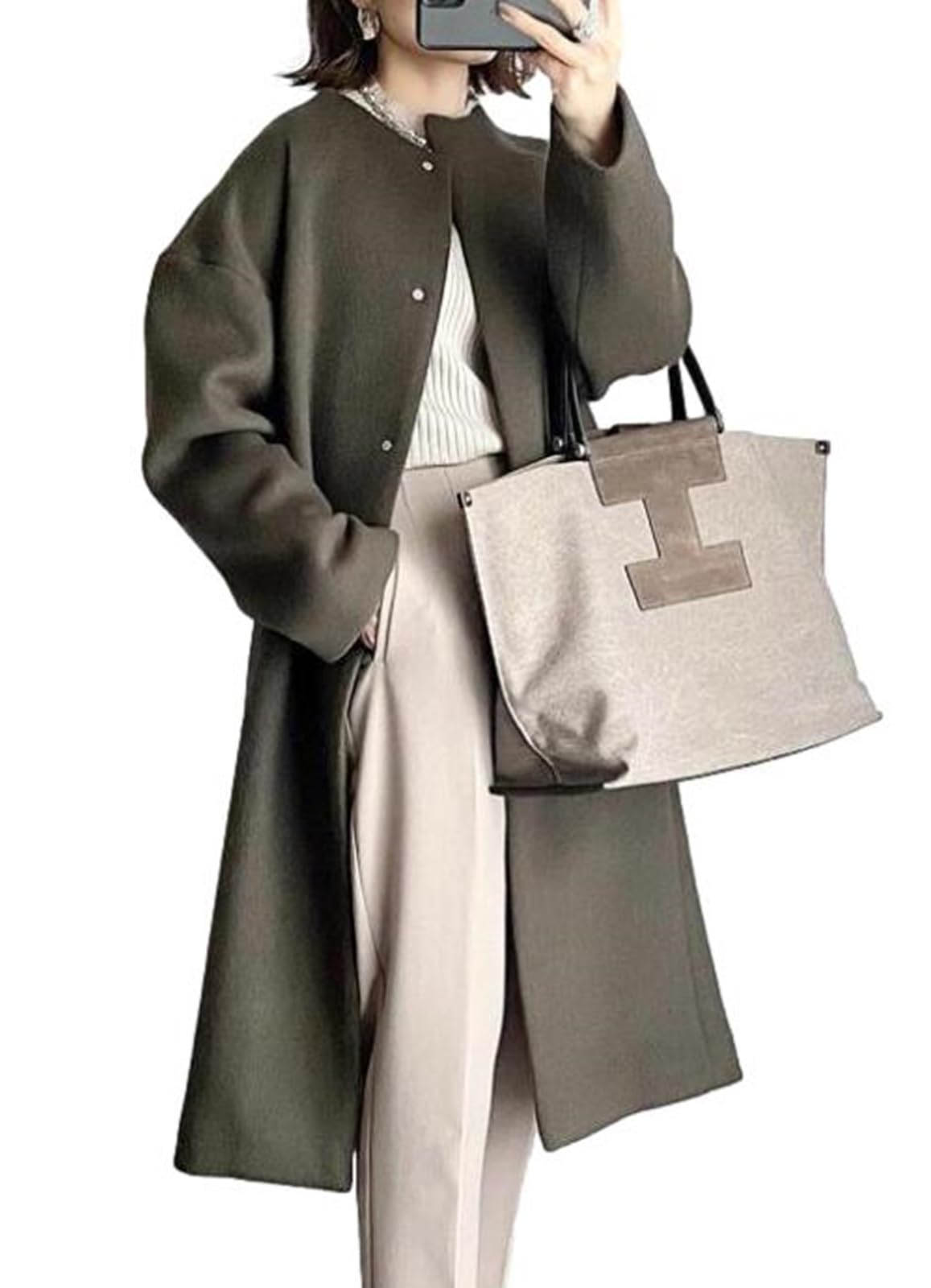 [1/2style] Nibun no Ichi Style Coat, Collarless Outerwear, Long Length, Mid-Length Cardigan, Simple Jacket, Warm, Women s (Khaki, M)