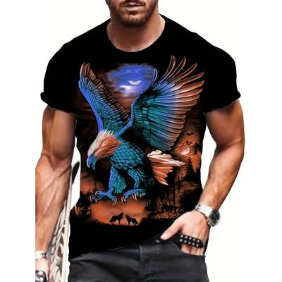 Men's 3D Eagle and Wolf Graphic T-Shirt - Vibrant Multi-Color Print, Casual Short Sleeve, Polyester, Machine Washable, PLUS SIZE
