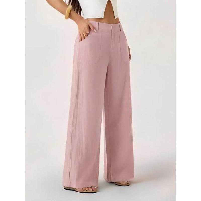 Womens Solid Cotton Linen Wide Leg Pants Casual Loose Fit Trousers With Pockets