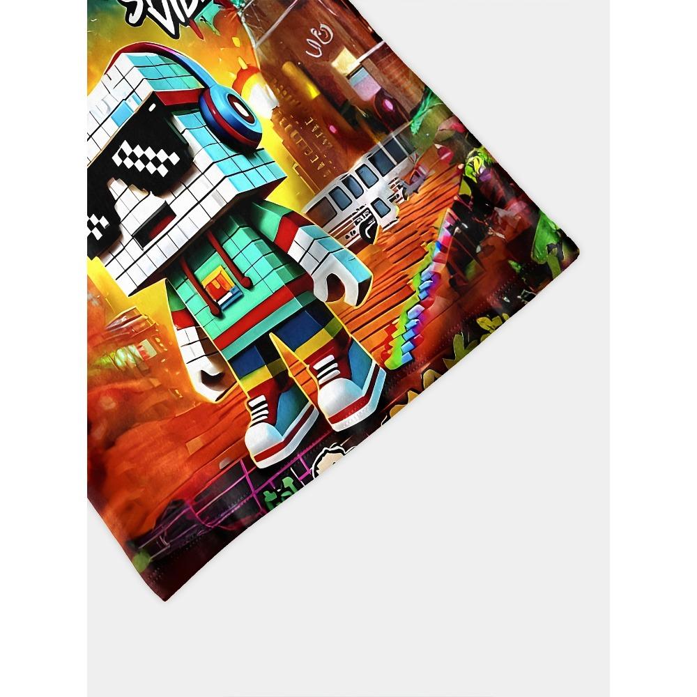 T-shirt z wzorem pikselowego robota - Nadruk cyfrowy 3D na całe ciało, Wzór gry, Oddychający letni top z krótkim rękawem do noszenia na co dzień
