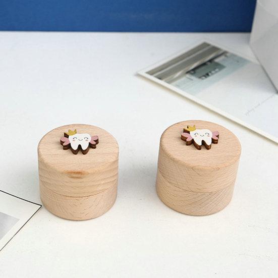 Wood Baby Teeth Box Cartoon Cute Round Small Lost Tooth Keepsake Storage Saver Container Box Birthday Baby Shower Boys Girls Gift