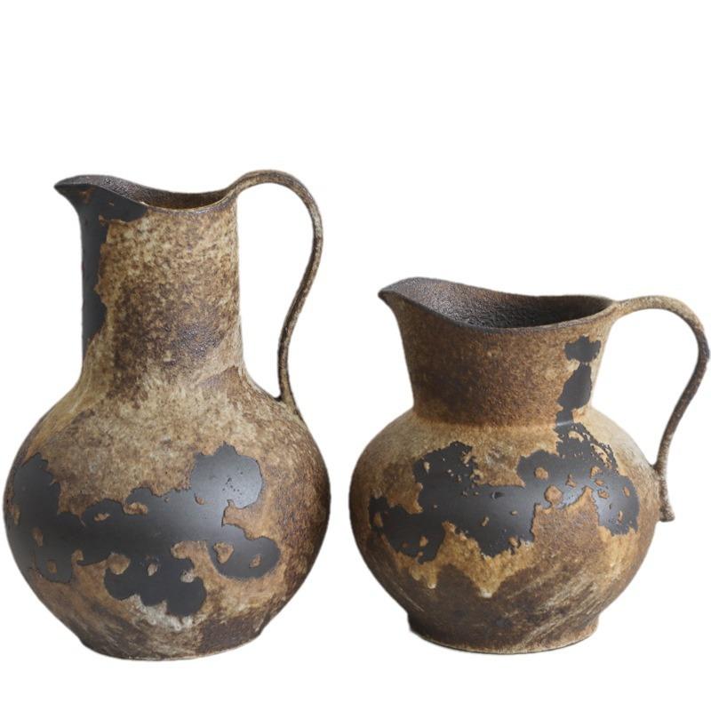 Vintage Dual Ear Coarse Ceramic Vase, Flowerpot, Living Room Decoration, Dining Table Flower Arrangement Container, Pottery Jar