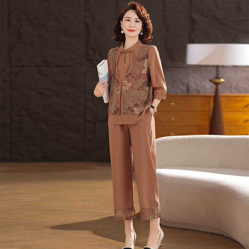 

Летняя мода мамы: Комплект из двух вещей в китайском стиле, омолаживающий, для женщин среднего возраста XXXL (125-138 jin) света кофе