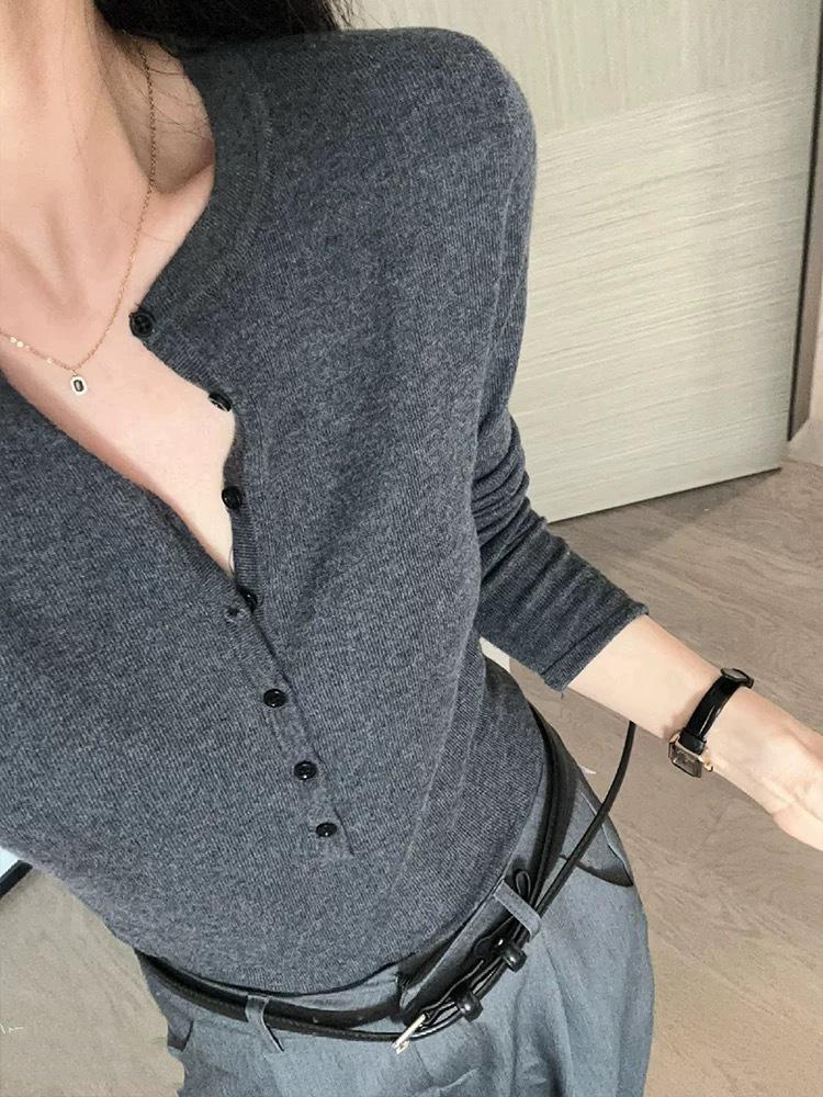 Women's Slim Fit Solid Knit Pullover with Tie-Knot Collar - Casual Imitation Wool Base Layer for Autumn