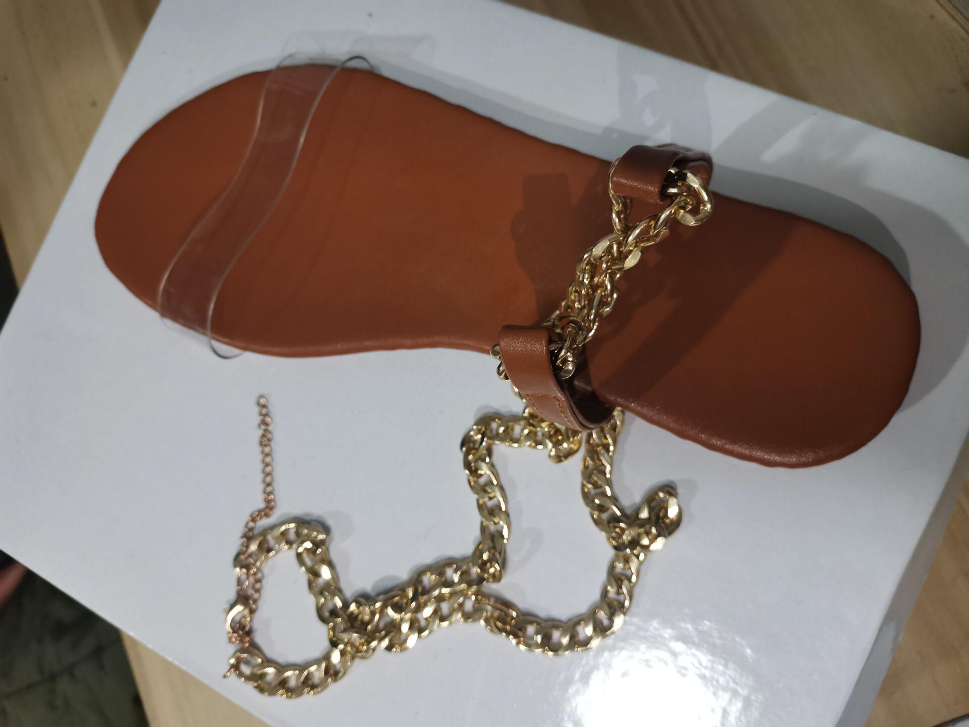 

New flat bottom round head metal chain transparent sandals women wear beach sandals outside large size 43 темно-коричневого