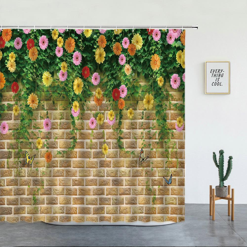 Blommor Vårlandskap Badrumsset Duschdraperi Gata Röd Rosa Blomma Retrodesign Trädgård Väggdekoration Hängande gardiner