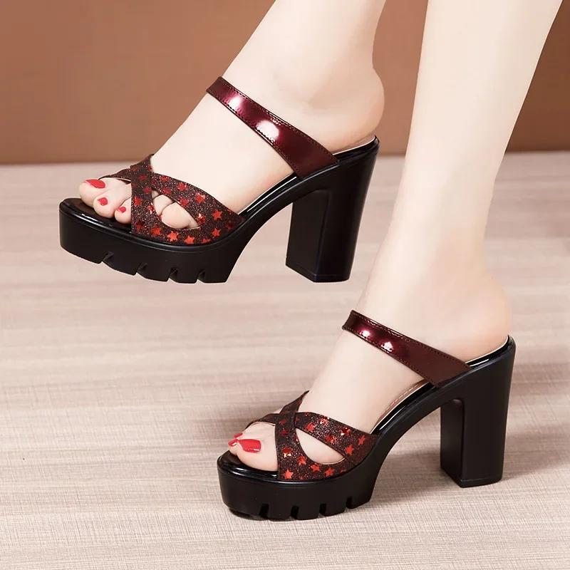 10cm Small Big Size 32-43 Elegant Platform Shoes Star Bling Slippers 2025 Summer Womens Block High Heels Slides for Office Party