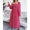 Spring and Autumn Women's Dress Square Neck Long Sleeve Vacation Dresses Pleated Long Dress