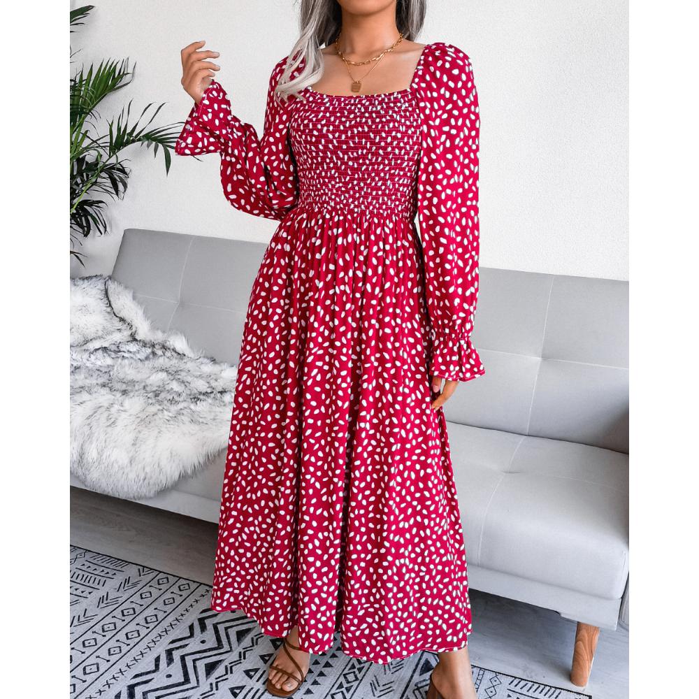 Spring and Autumn Women's Dress Square Neck Long Sleeve Vacation Dresses Pleated Long Dress