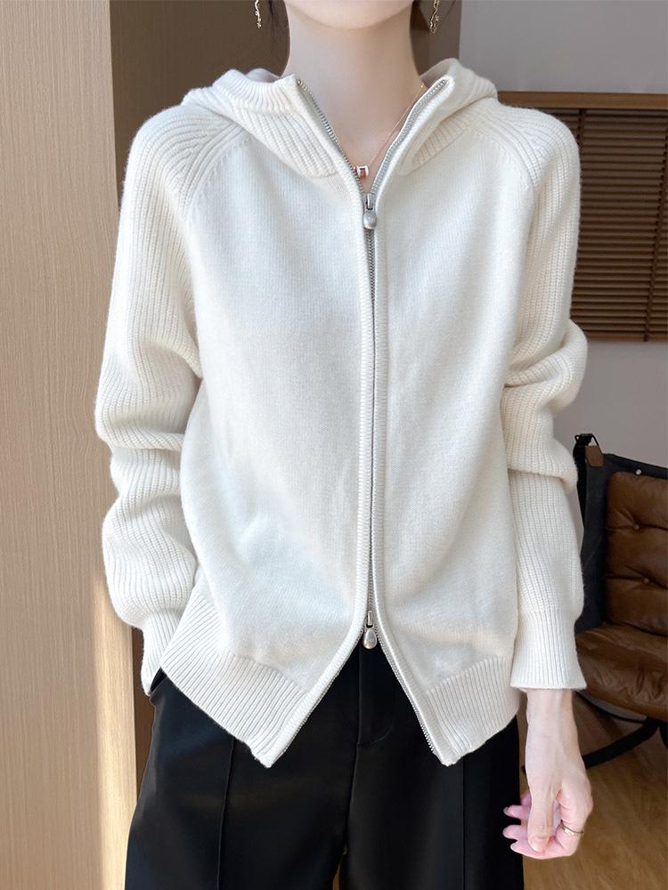 Women's 100% Wool Double Zipper Hooded Knit Cardigan with Raglan Sleeves
