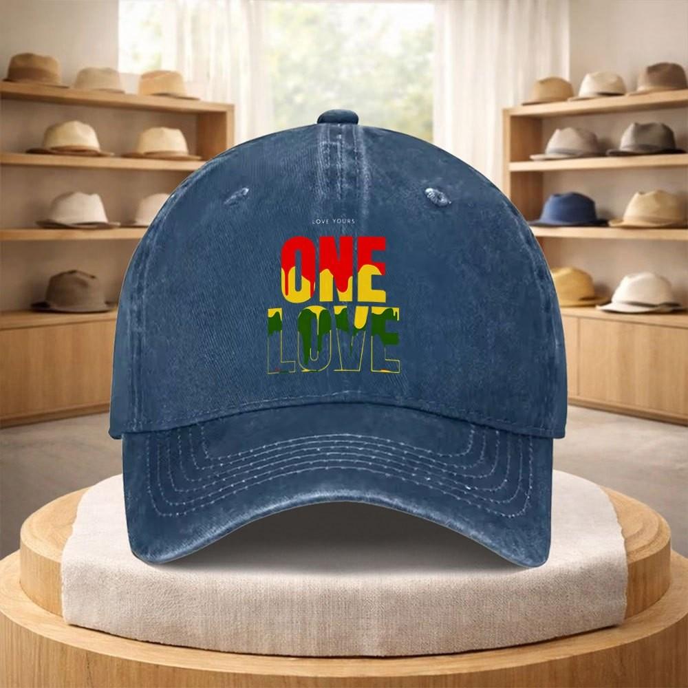One Love Reggae Print Washed Baseball Cap Adjustable Cotton Outdoor Sports Hat Unisex